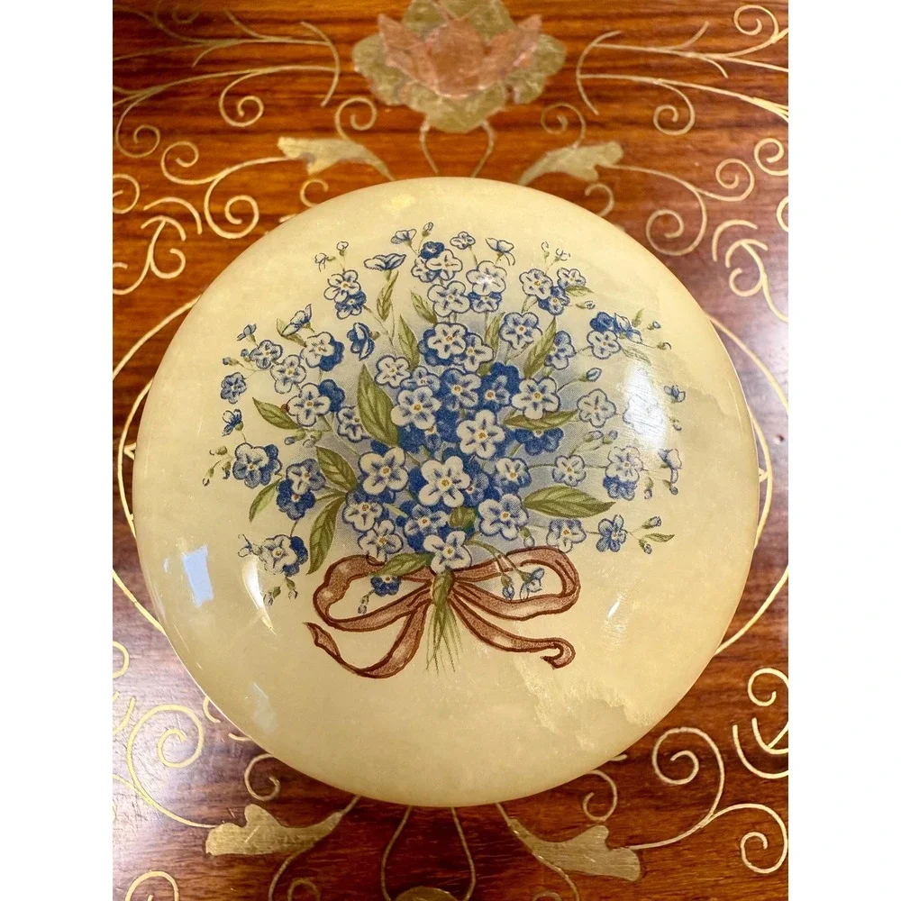 Vintage Alabaster Trinket Box • Forget-Me-Not Floral Stone Jewelry Box
